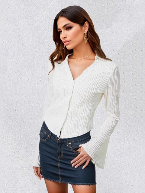 Lapel Cardigan Flare Sleeve Blouse Women - Image 7