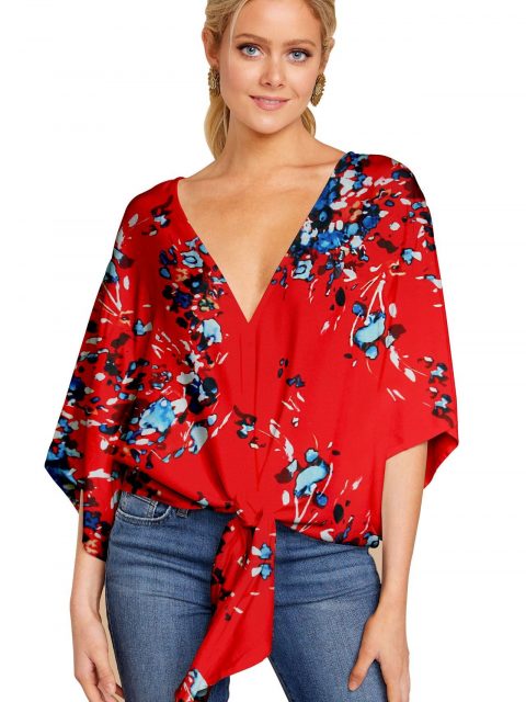 New V Neck Blouse Women Leopard Print Shirts Floral Tie Front Blouses Batwing Summer Oversize Ladies Tops - Image 7