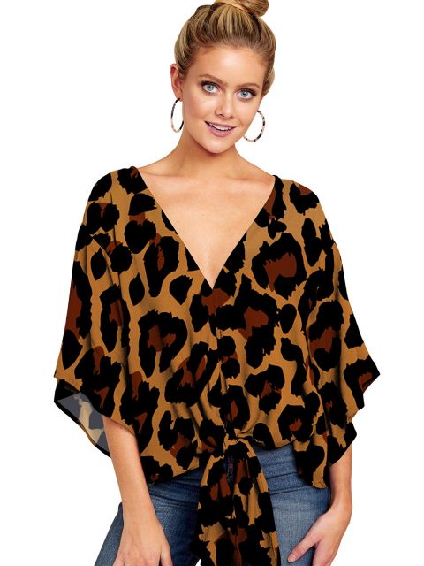 New V Neck Blouse Women Leopard Print Shirts Floral Tie Front Blouses Batwing Summer Oversize Ladies Tops - Image 6