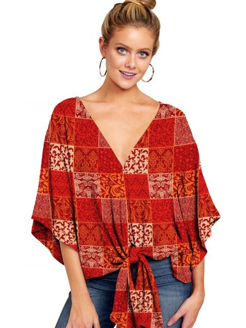 New V Neck Blouse Women Leopard Print Shirts Floral Tie Front Blouses Batwing Summer Oversize Ladies Tops - Image 10