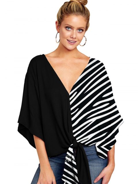 New V Neck Blouse Women Leopard Print Shirts Floral Tie Front Blouses Batwing Summer Oversize Ladies Tops - Image 9