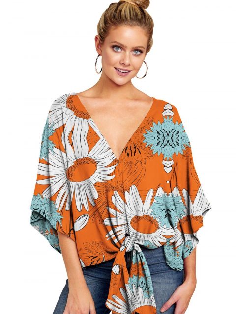 New V Neck Blouse Women Leopard Print Shirts Floral Tie Front Blouses Batwing Summer Oversize Ladies Tops - Image 4