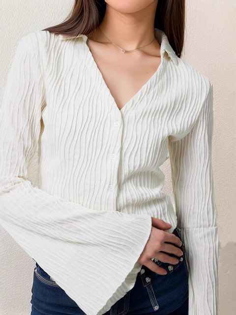 Lapel Cardigan Flare Sleeve Blouse Women - Image 3