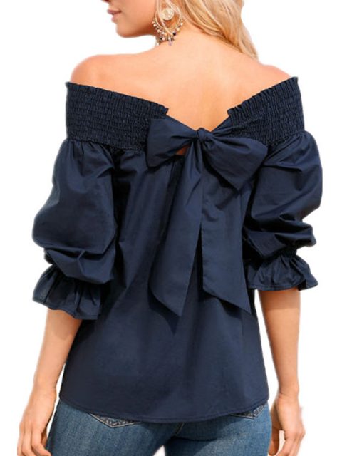 Off Shoulder Tops Spring Summer Strapless Women Blouse Bowknot Slash Neck Shirts Casual Loose Blusas Plus Size - Image 3