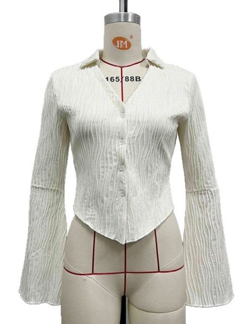 Lapel Cardigan Flare Sleeve Blouse Women - Image 5