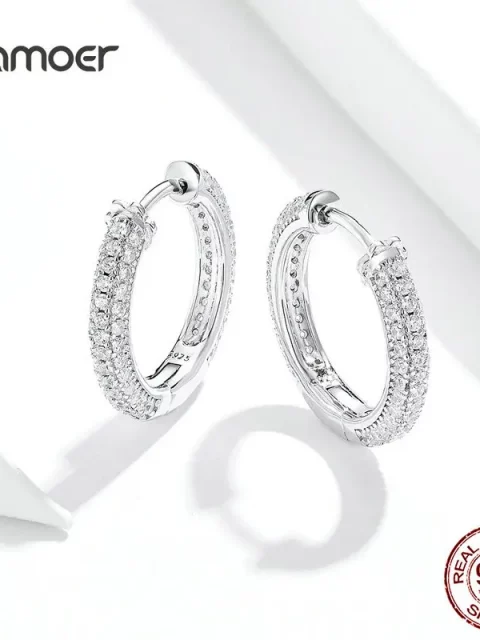 Bamoer 925 Sterling Silver Ear Hoops Luxury Ear Buckles Pave Setting Zircon for Women Wedding Engagement Jewelry Gifts BSE300 - Image 4