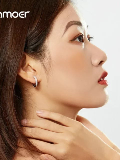 Bamoer 925 Sterling Silver Ear Hoops Luxury Ear Buckles Pave Setting Zircon for Women Wedding Engagement Jewelry Gifts BSE300 - Image 3