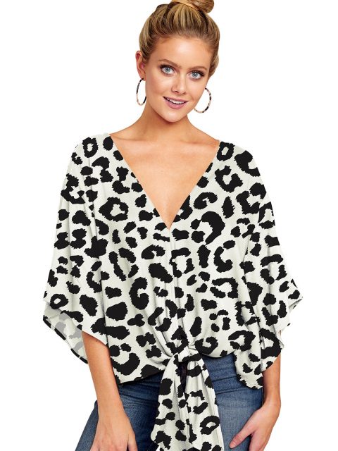 New V Neck Blouse Women Leopard Print Shirts Floral Tie Front Blouses Batwing Summer Oversize Ladies Tops - Image 5